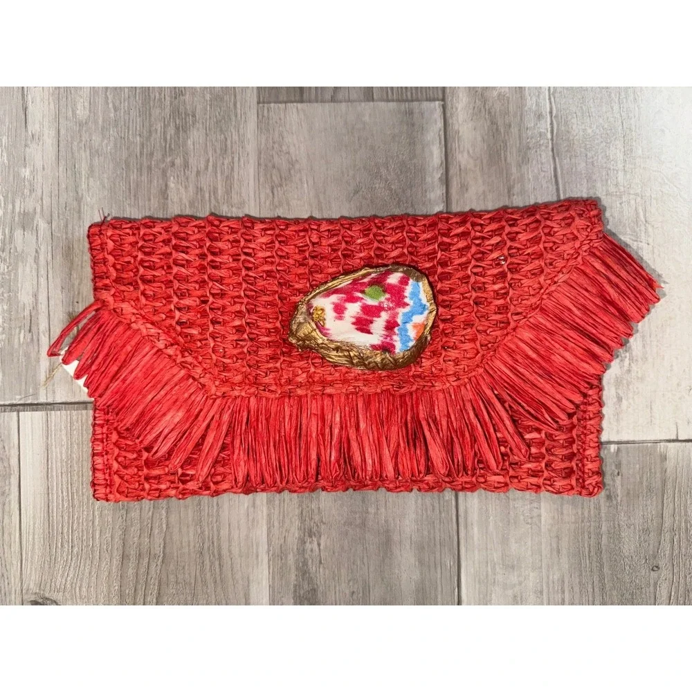 Raffia Fringe Clutch Women Red Woven Boho Straw Magnetic Snap Small